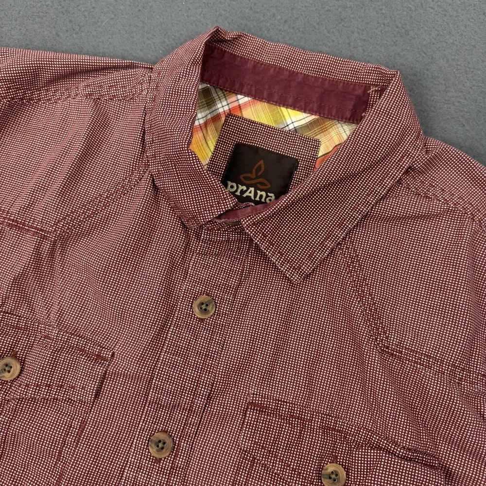 PRANA Borla Mens short sleeve button shirt Red Micro Dot - M